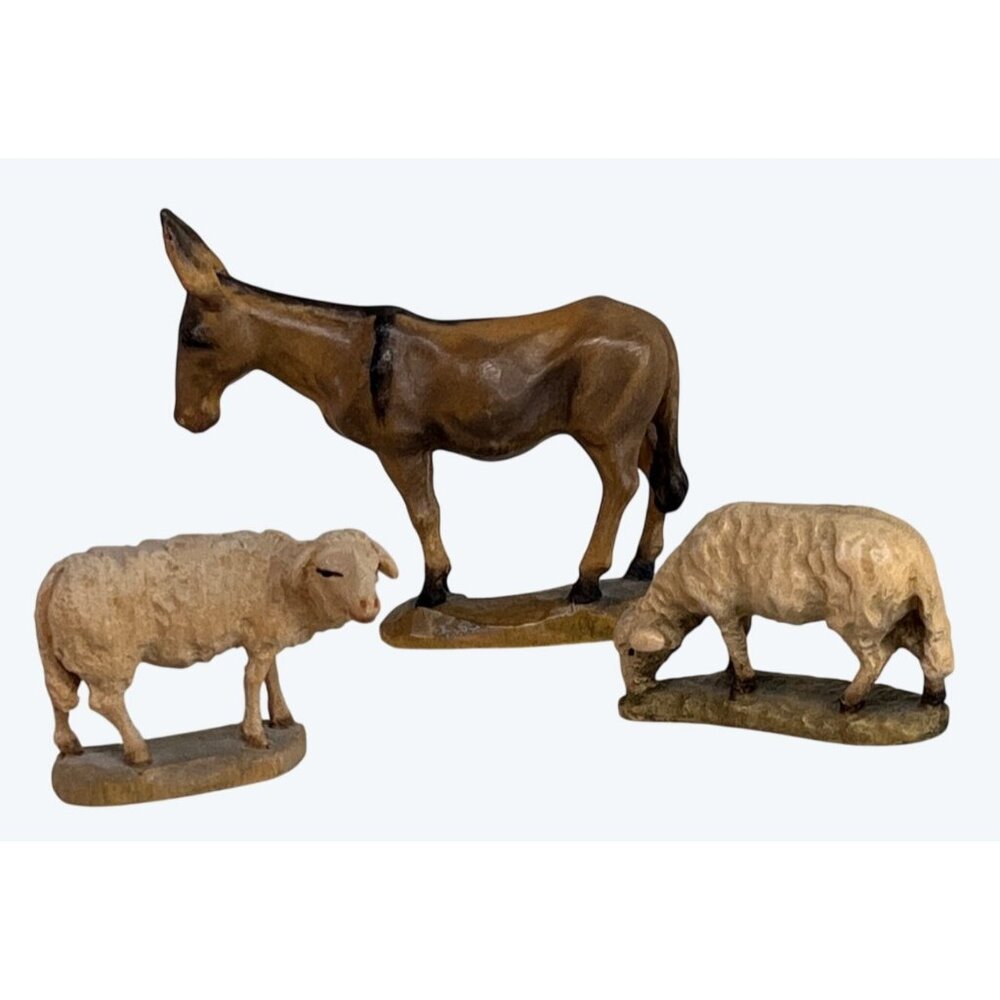 Anri Italy Hand Carved Wood Christmas Nativity Donkey Sheep Lambs 3"